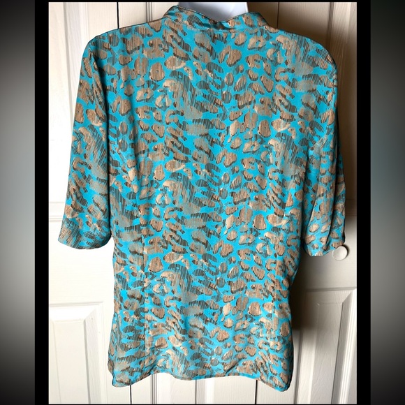 DONCASTER Silk Blouse Tie Collar Button Turquoise Brown Short Sleeve Geo Small - Picture 3 of 9